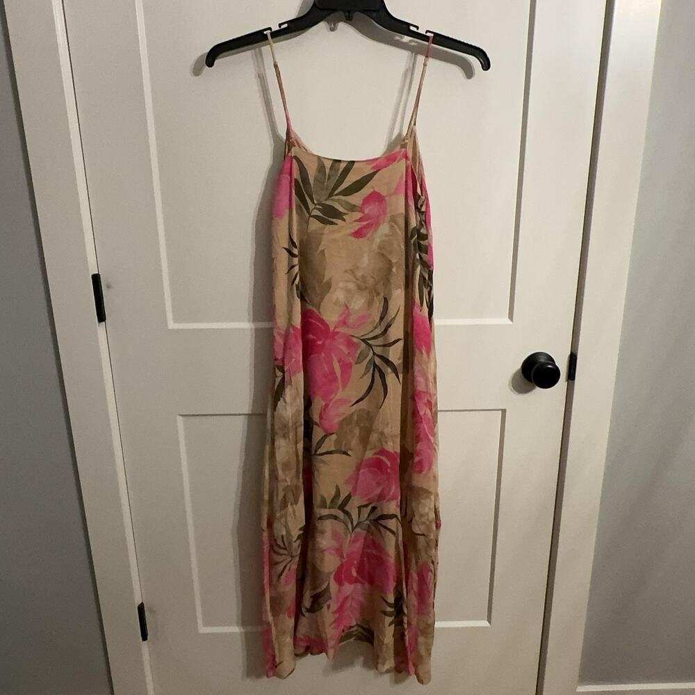 Z Supply Dress XS Tan Pink Floral Maxi Spaghetti Strap Lined Sundress Tropical